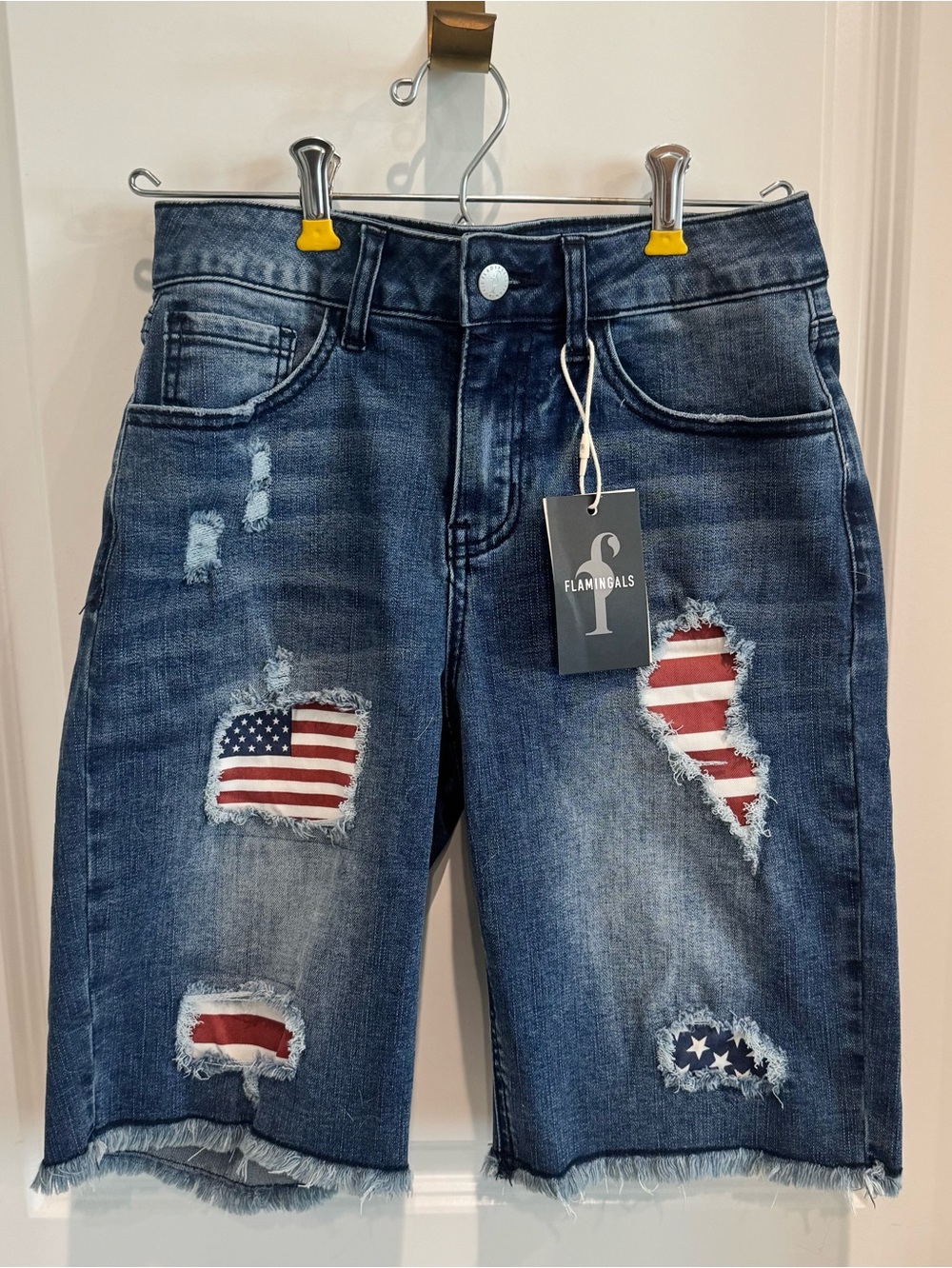 Flamingals Women’s Blue Distressed Flag Patch Denim Shorts/Jorts